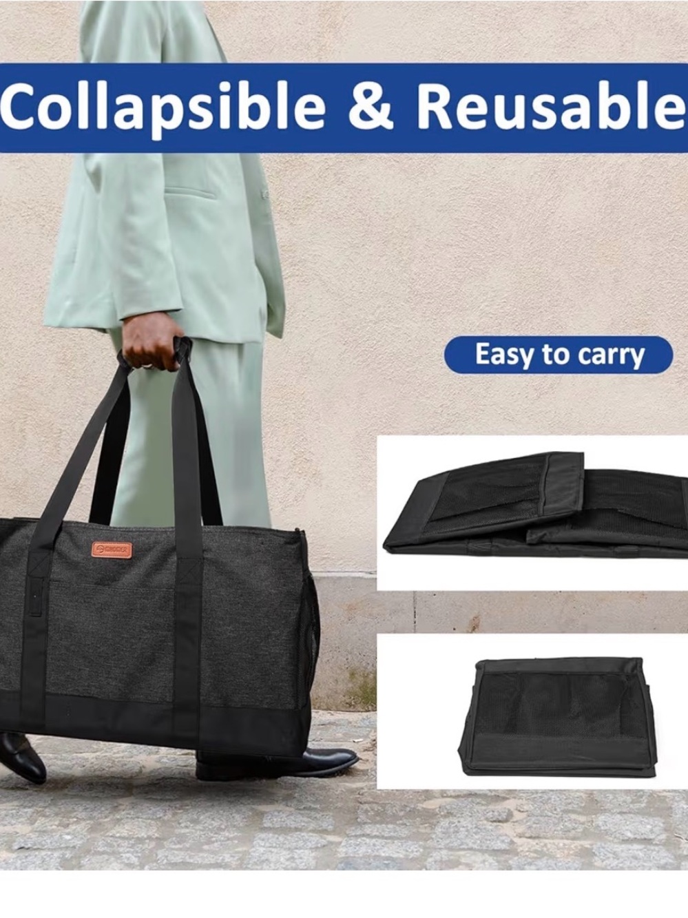 Reusable Collapsible Black Grocery Bag with Reinforced Handles